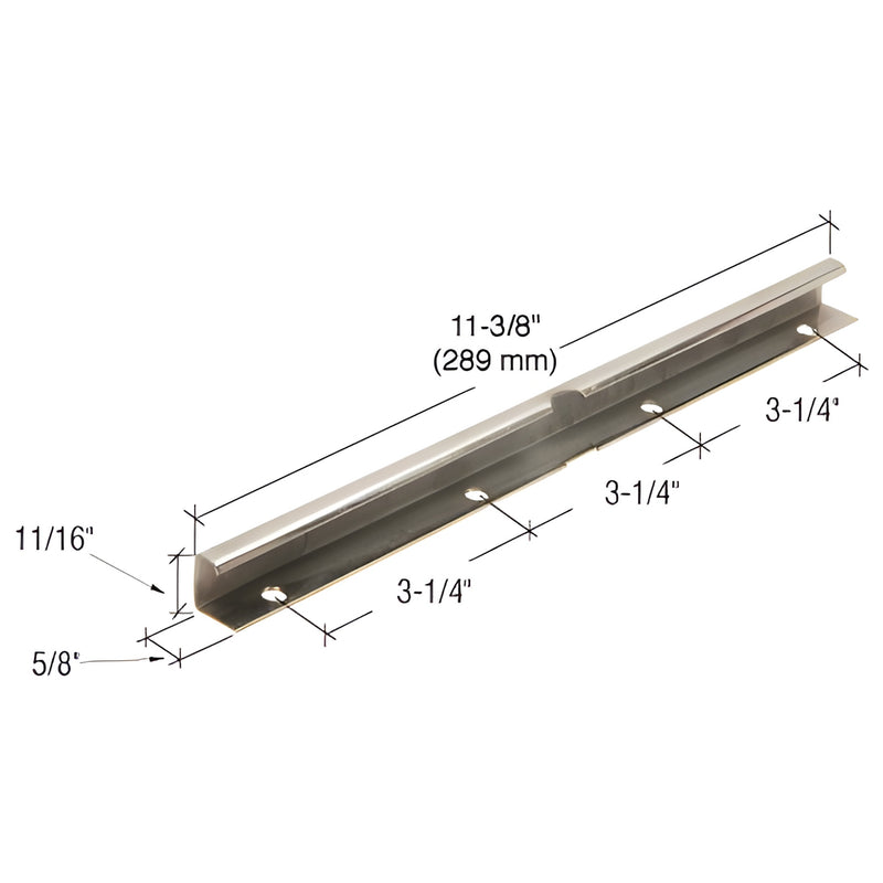 CRL Truth steel casement track EP27039 - 11-3/8" long, 5/8" wide, metal finish, mounting holes ~3-1/4" apart.