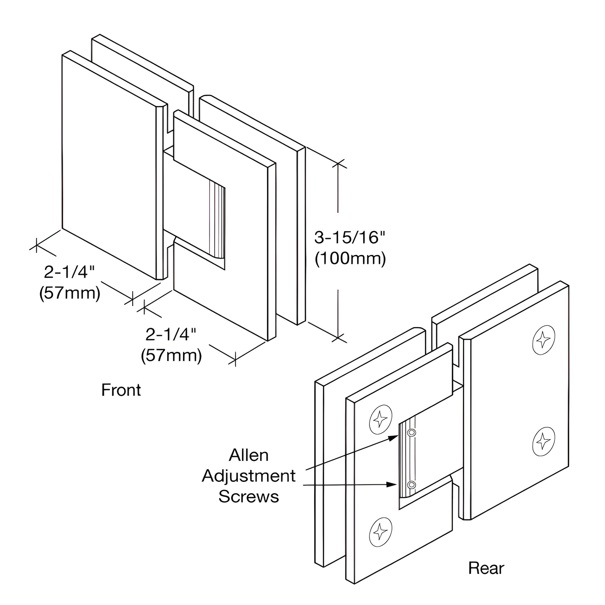 Brushed nickel Vienna adjustable glass-to-glass shower hinge, squared brass design for 3/8-1/2" glass (SKU V1E380BN)