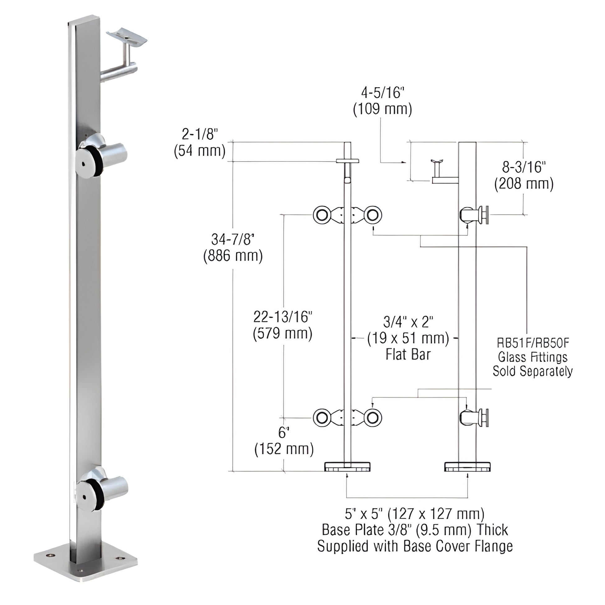 P336LEPS stainless steel surface-mounted glass railing post, polished finish, 5x5 in base plate.
