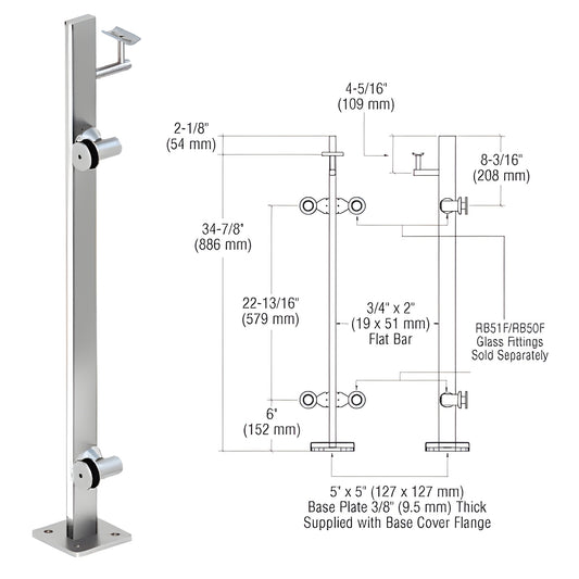P336LEPS stainless steel surface-mounted glass railing post, polished finish, 5x5 in base plate.