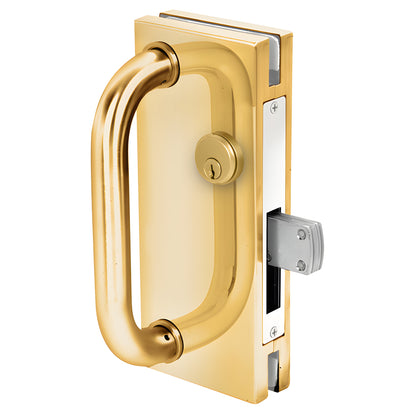 Polished brass 4x10 center lock with D-handle and long-throw deadbolt for 1/2" (12mm) glass, SKU DT410PB