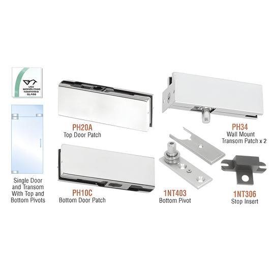 PHA3A patch door kit for single glass door with fixed transom: top/bottom patches, transom patches, pivot, stop