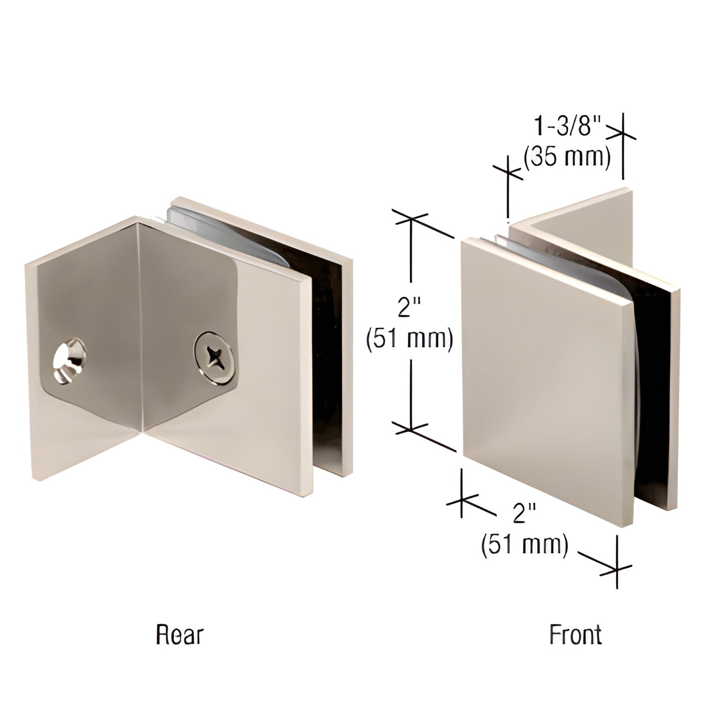 SGC037PN polished nickel solid brass square clamp for fixed glass panels, wall-mount, 2" x 2", small 90 leg.