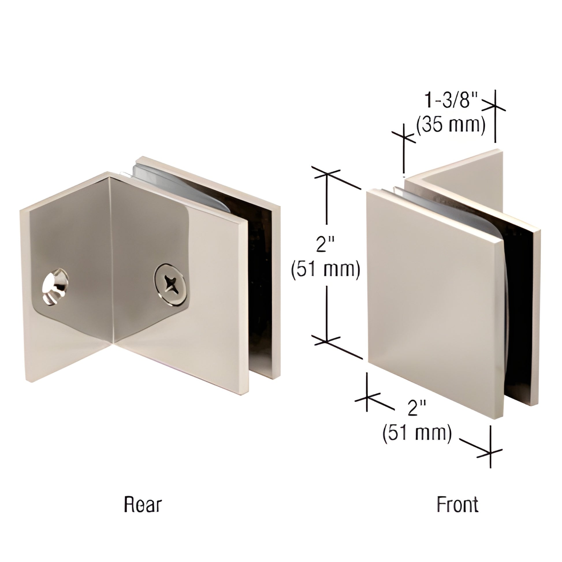 SGC037PN polished nickel solid brass square clamp for fixed glass panels, wall-mount, 2" x 2", small 90 leg.