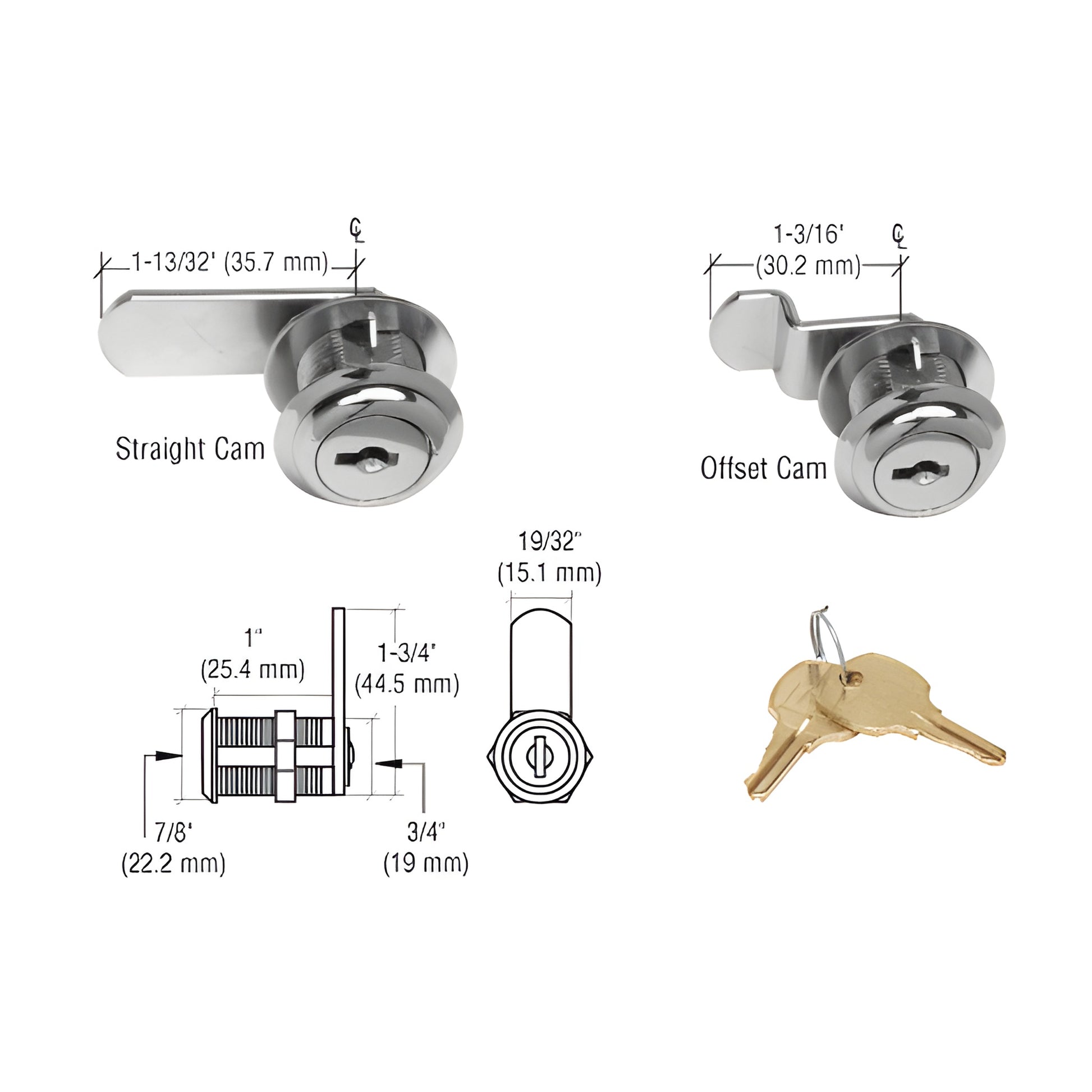 Brushed nickel CRL cam lock (SKU D805BNKA) with straight and offset cams and two keys for glass or cabinet doors.