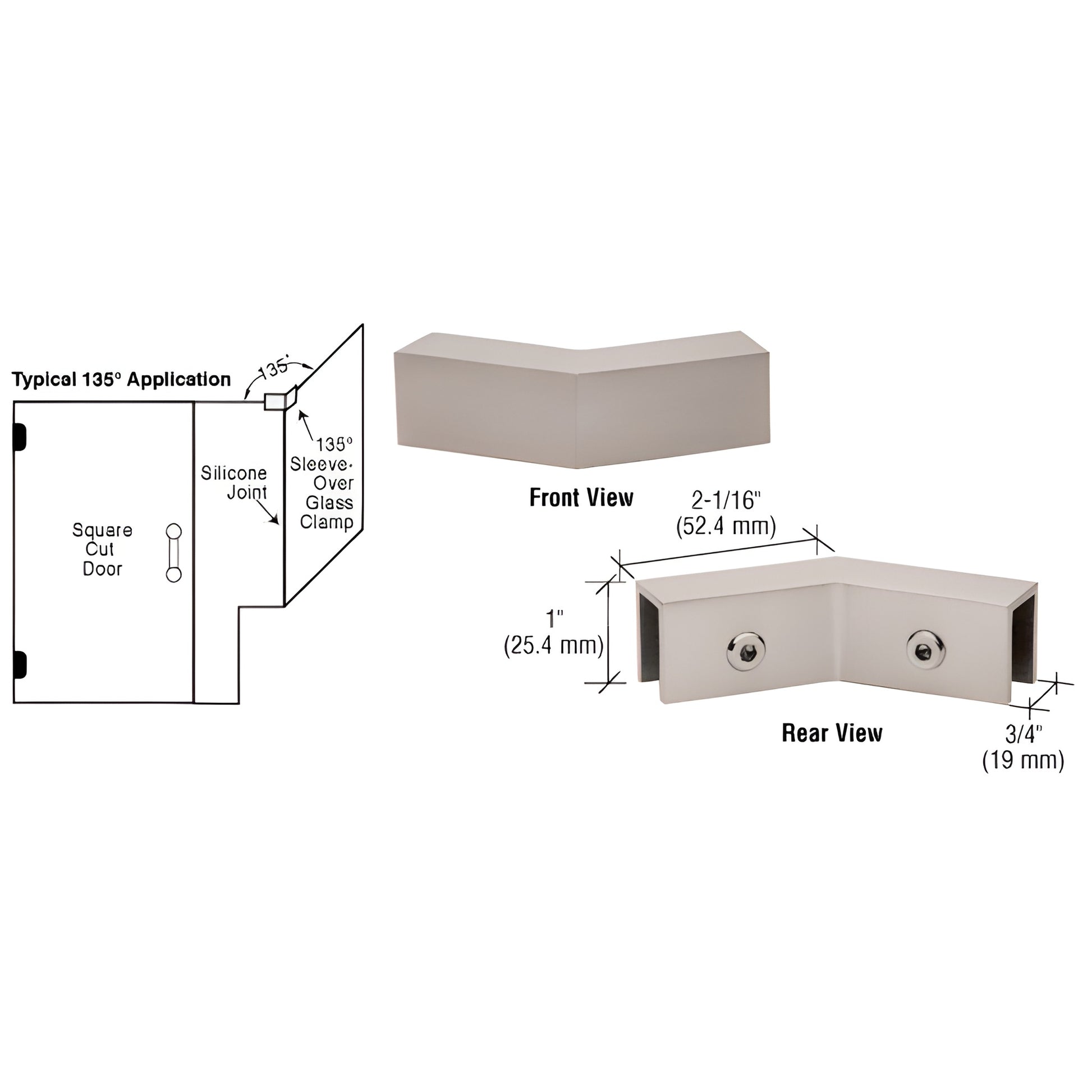 Brushed nickel 135 solid brass sleeve-over-glass clamp for 8-12mm shower glass, SKU S0GC135BN.