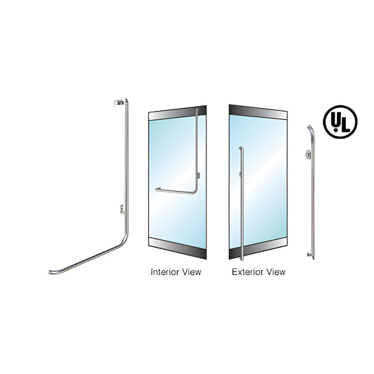 Brushed stainless tubular PA100M3LKBS panic handle for 1/2-3/4 glass doors, interior push bar and exterior pull, UL listed