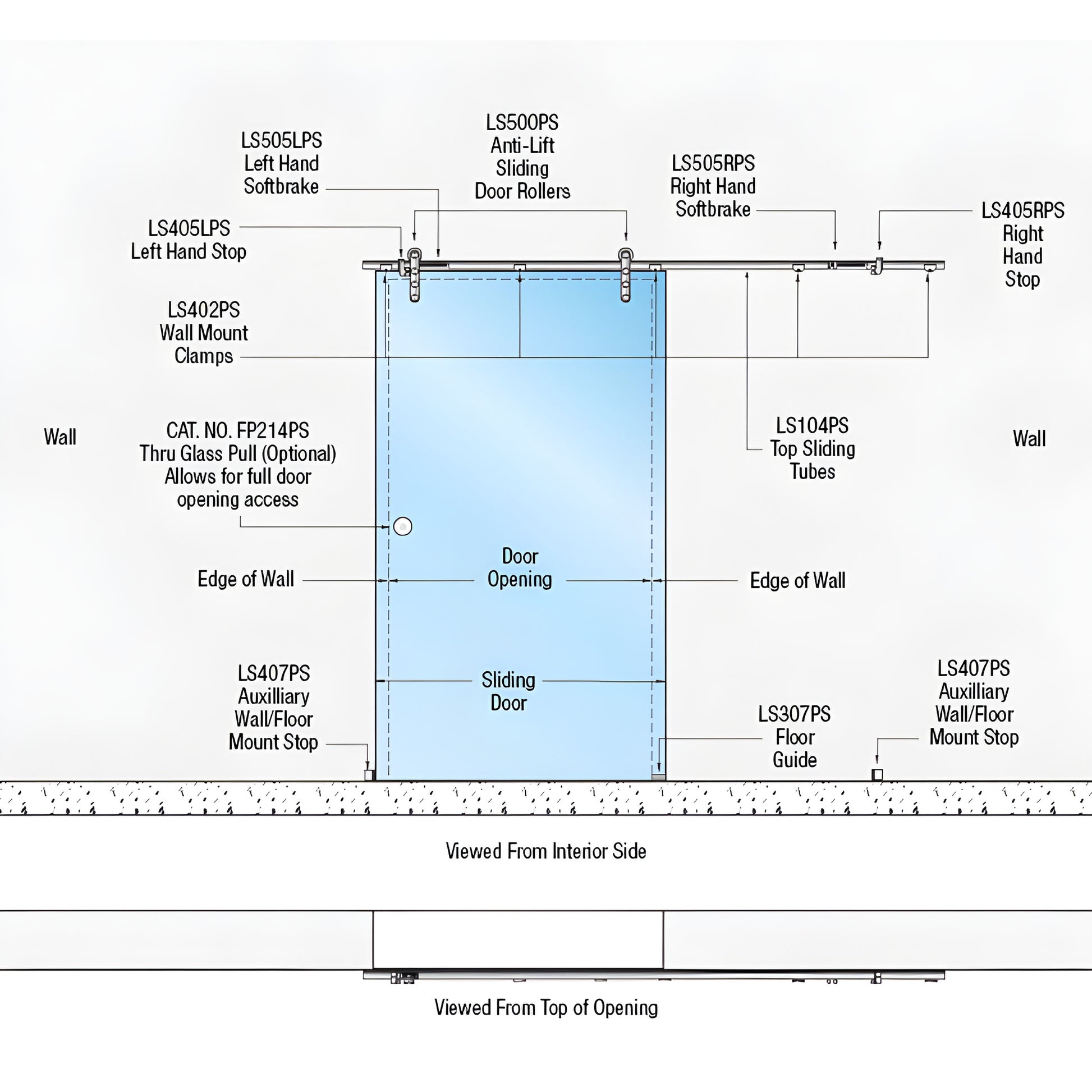 Diagram: CRL Laguna wall-mount single sliding glass door kit (LSWM7PS) with Softbrake, anti-lift rollers and polished stainle