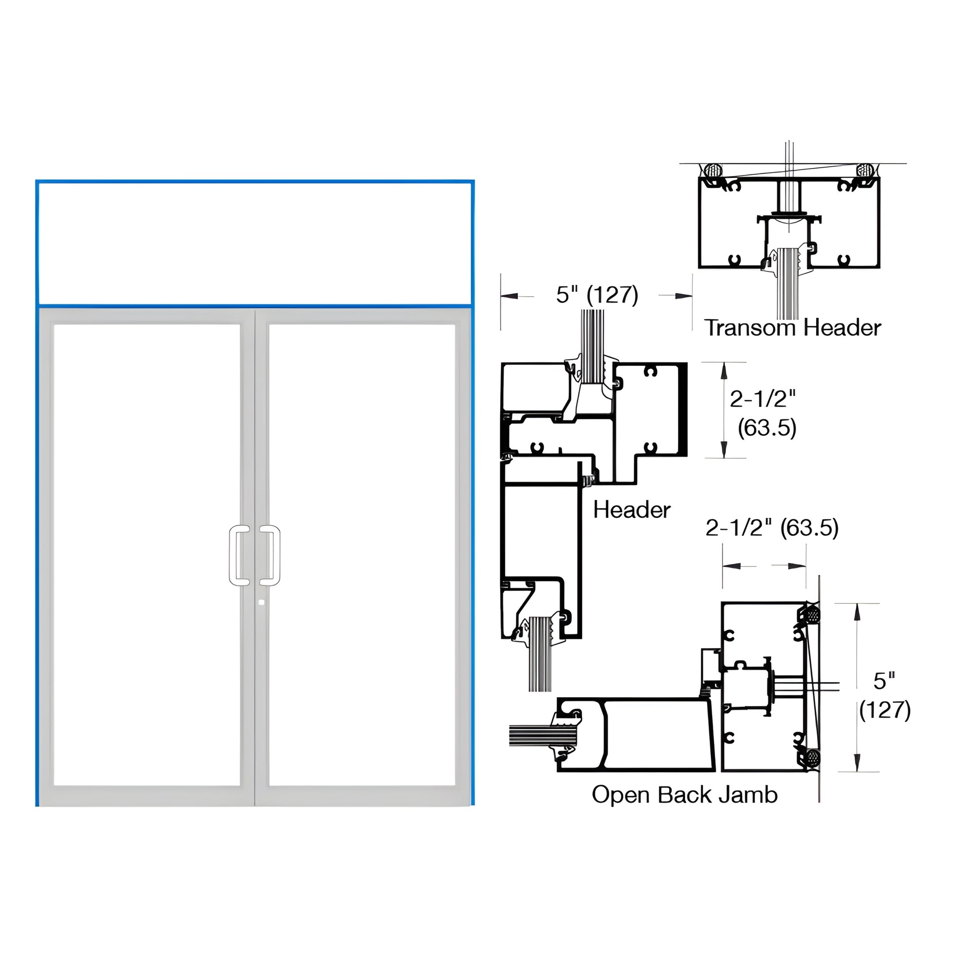 Custom Kynar double transom impact door frame (SKU 0F62571) diagram showing dual doors, transom, jamb and header dimensions.