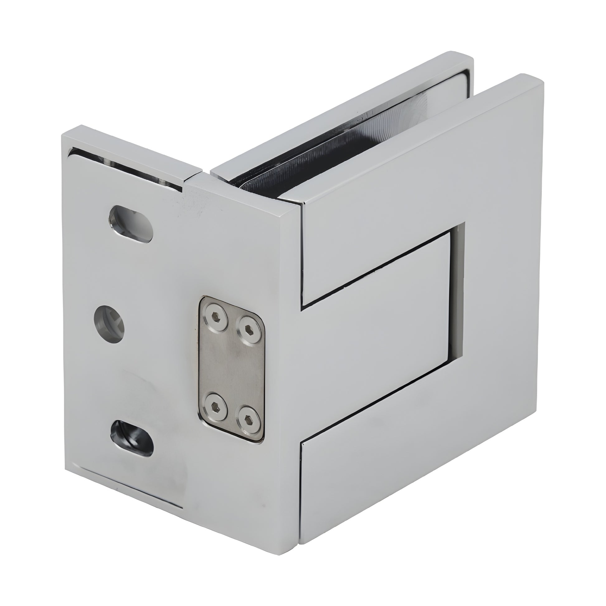 Polished chrome Palermo offset square hinge for 3/8-1/2" frameless glass doors, SKU PAL044CH