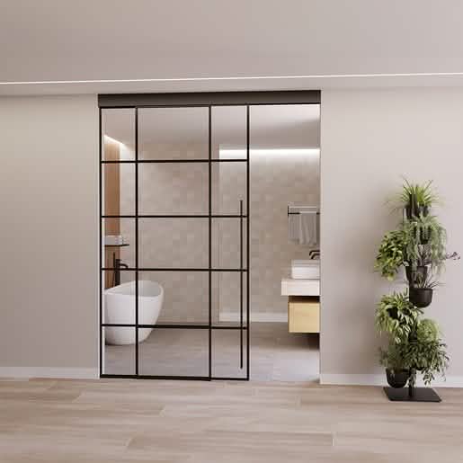 "CRL70 Matte Black Sliding Door with Fixed Panel, Ceiling Mount Kit - Sleek & Modern Desig