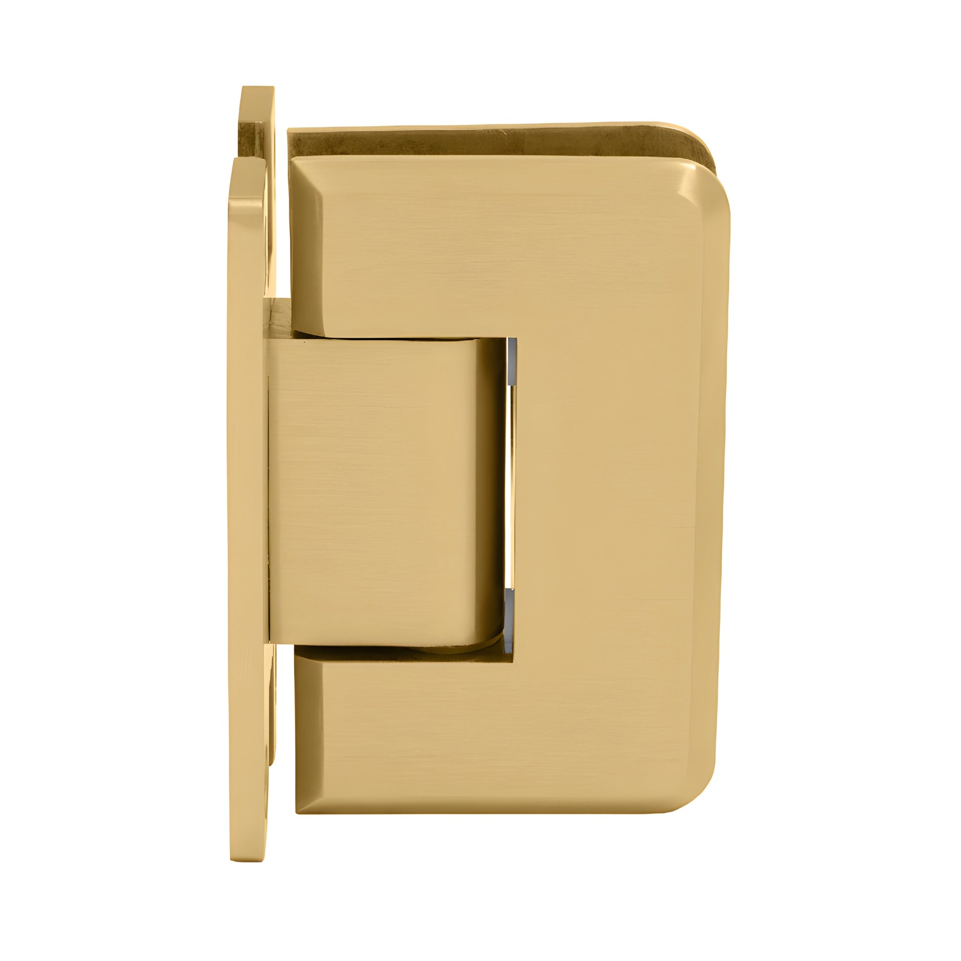 P1N037SB satin brass Pinnacle wall-mount shower hinge with beveled edges, H back plate, for 8-12mm tempered glass.