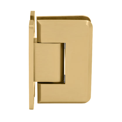P1N037SB satin brass Pinnacle wall-mount shower hinge with beveled edges, H back plate, for 8-12mm tempered glass.