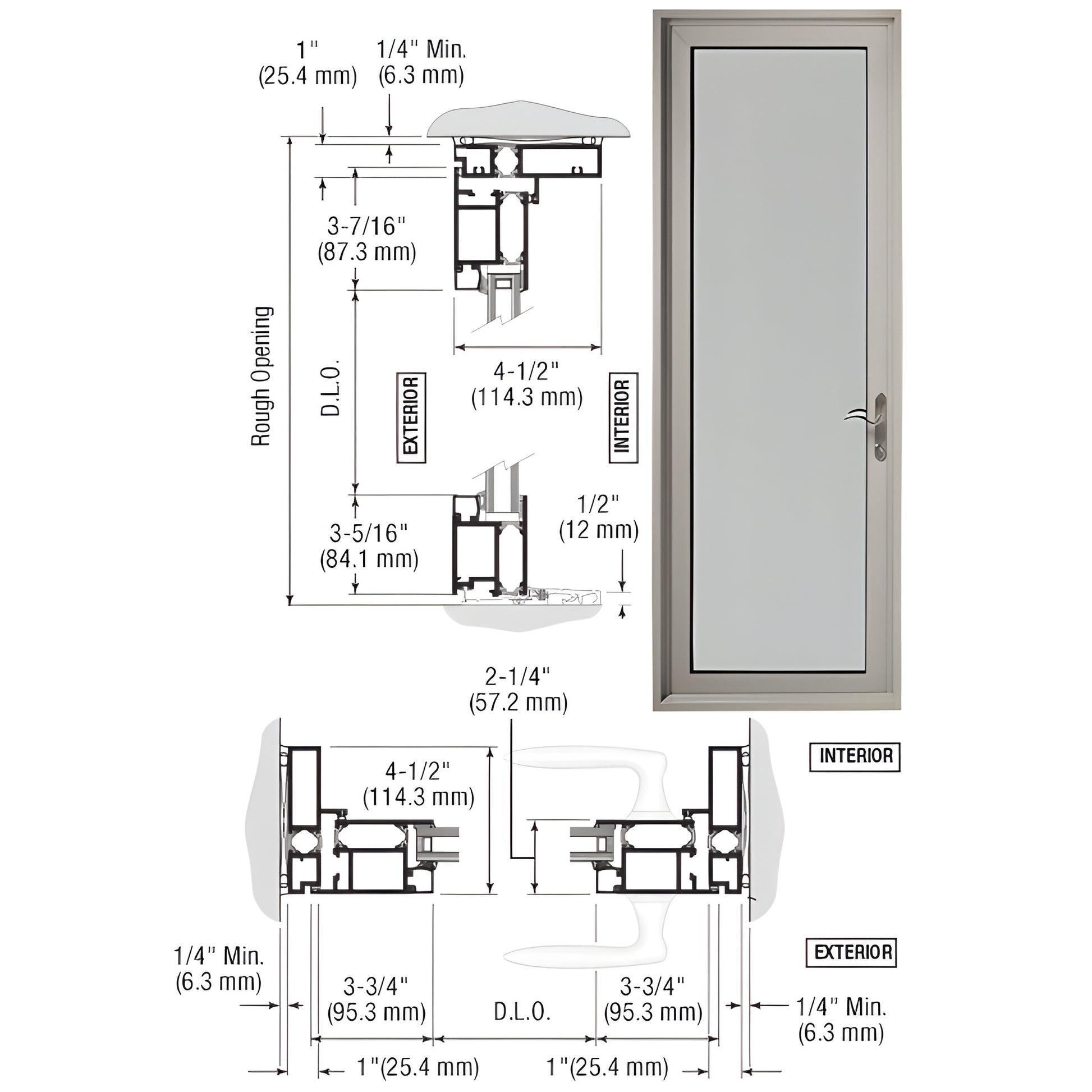 CRL Series 900 terrace outswing door (SKU 1D91511R0) clear anodized, 1" insulated glass, diagram and product photo.