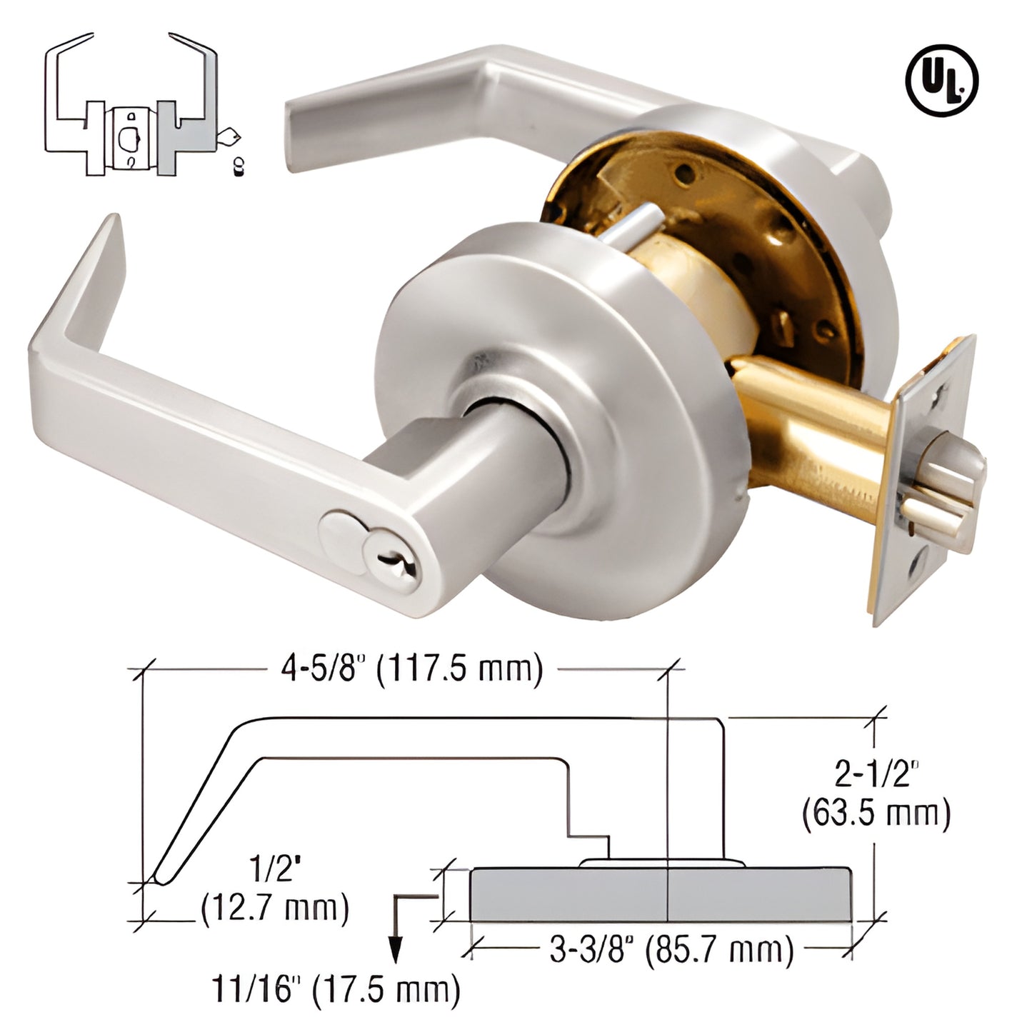D82STRBN brushed nickel commercial Grade 1 storeroom lever lockset with 4-5/8" lever and 2-3/4" backset