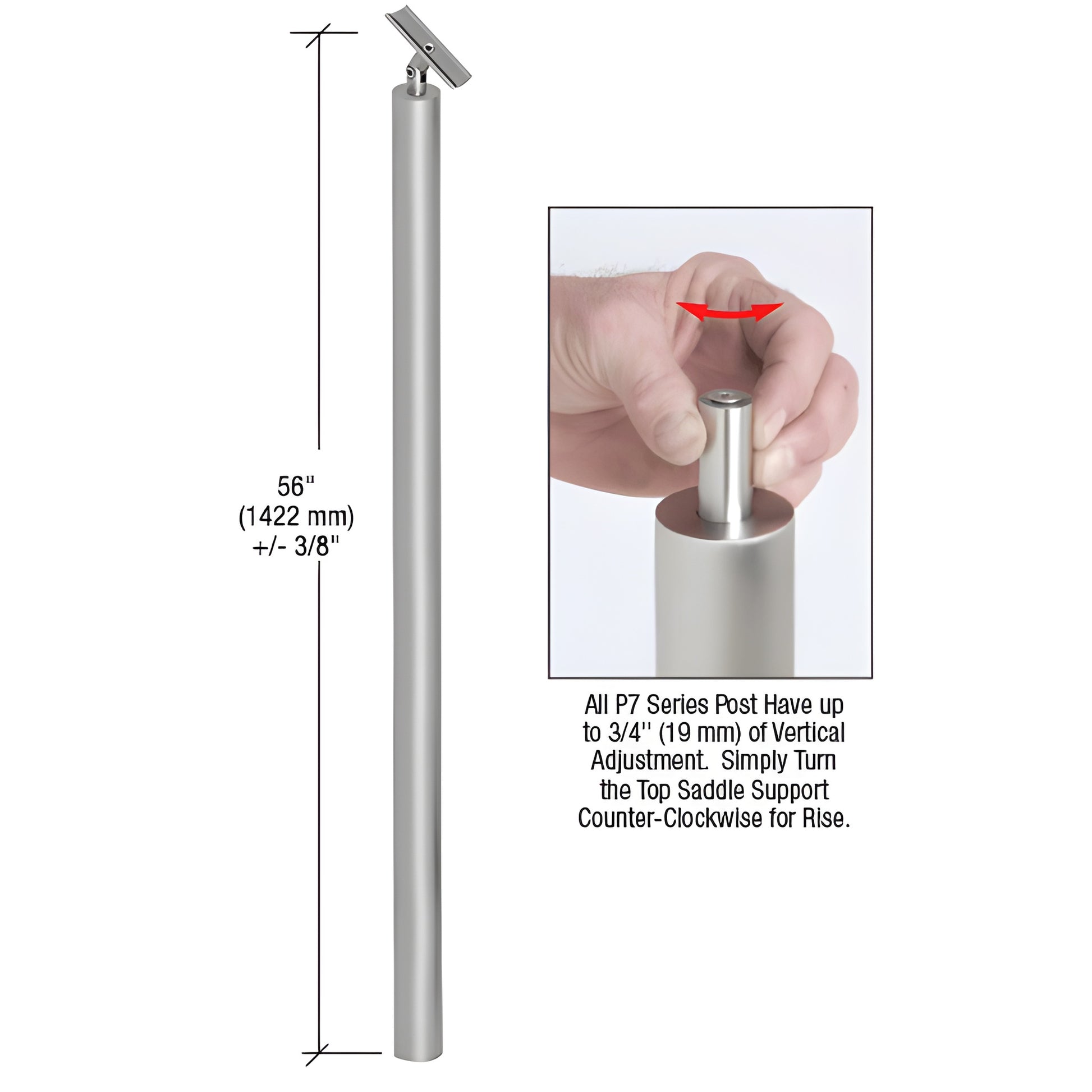 P7BPSBS: 56" brushed stainless steel blank post kit with adjustable swivel saddle and included base plate for guardrails.
