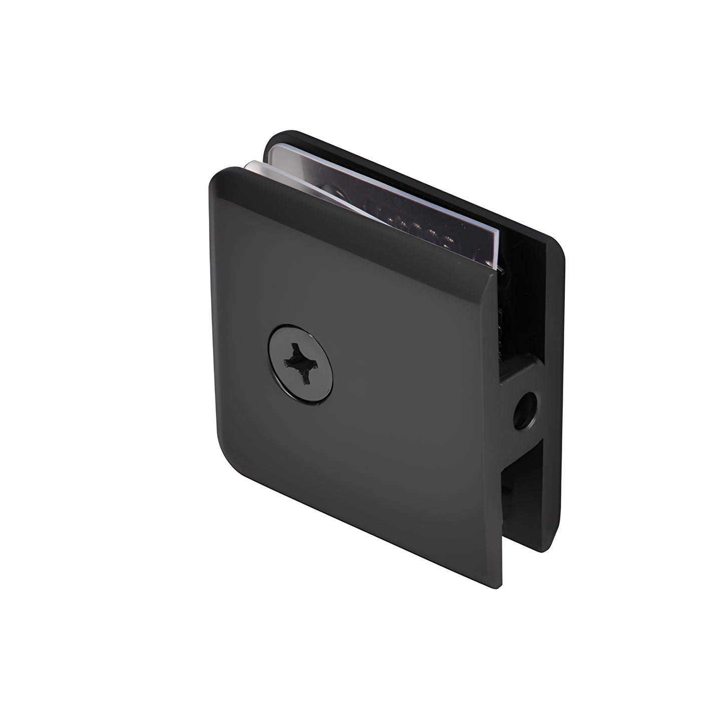 Matte black beveled wall-mount glass clamp (BCU4MBL) for 3/8 to 1/2" frameless shower glass, solid brass.