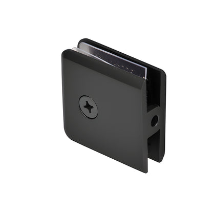 Matte black beveled wall-mount glass clamp (BCU4MBL) for 3/8 to 1/2" frameless shower glass, solid brass.