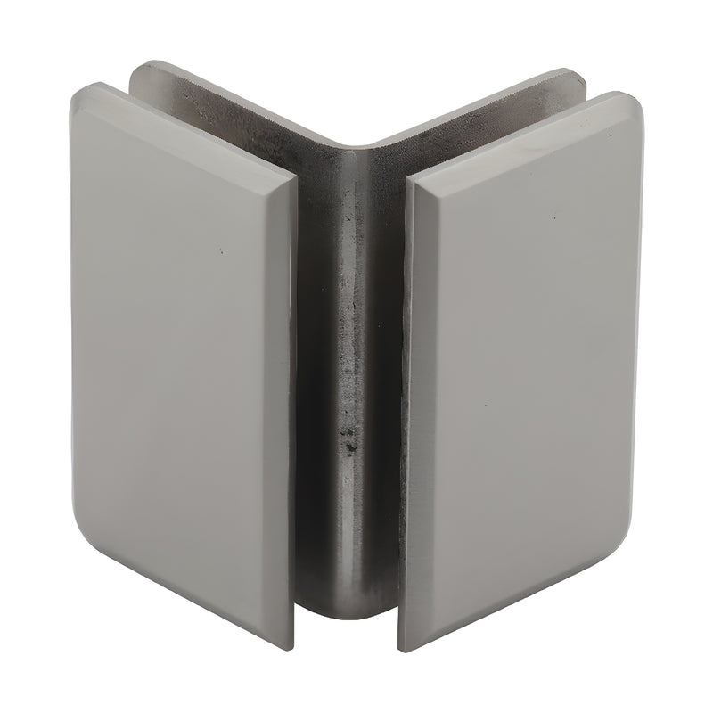 P1090BN brushed nickel 90 glass-to-glass clamp, solid brass with beveled edges, fits 8-12mm glass.