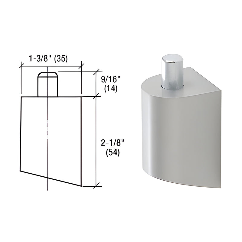 Top door portion for offset pivot (SKU D06311), clear anodized Class 1 aluminum, rounded triangular silver piece with pivot p