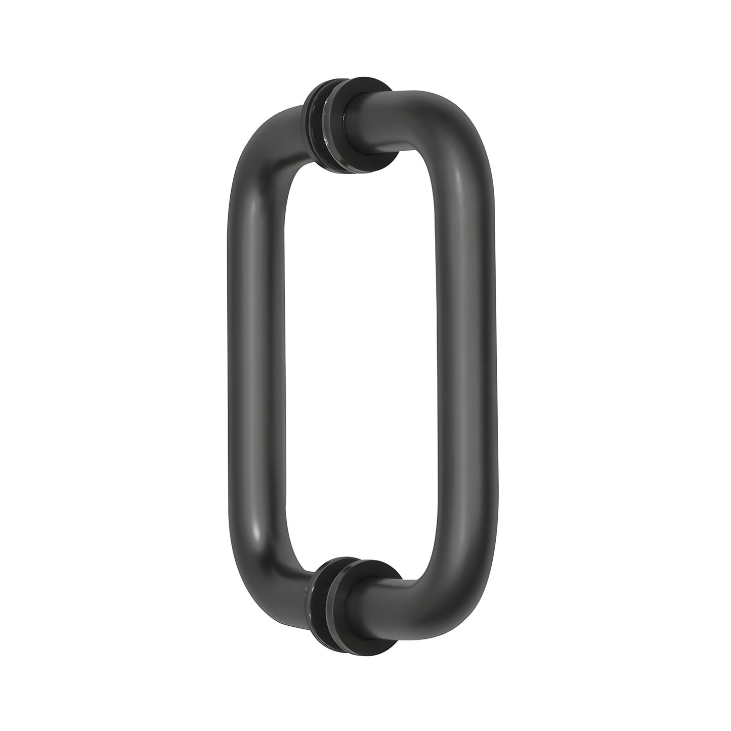 Matte black brass tubular back-to-back glass pull handle with metal washers, 3/4 in dia, 6 in C-to-C SKU BM6X6MBL