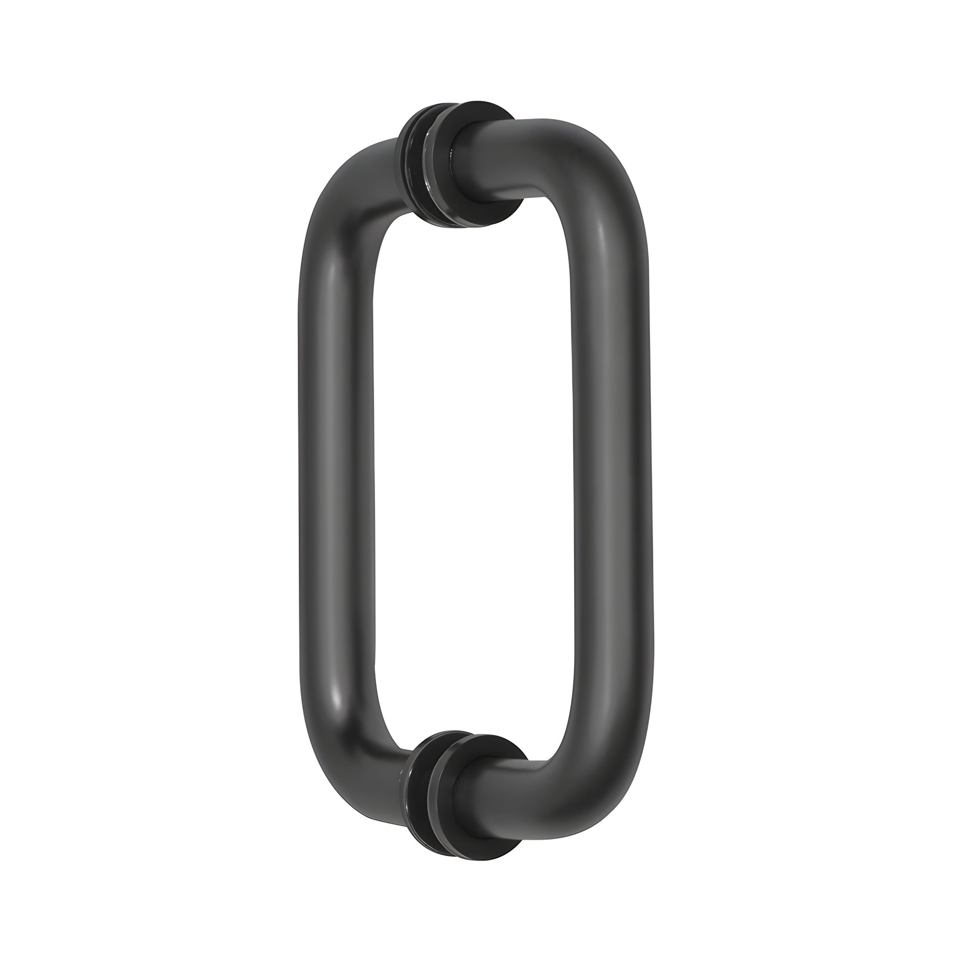 Matte black brass tubular back-to-back glass pull handle with metal washers, 3/4 in dia, 6 in C-to-C SKU BM6X6MBL
