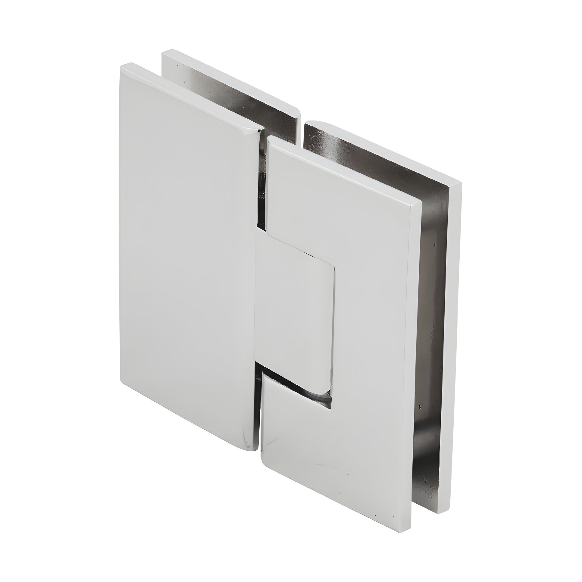 V1E580PN polished nickel square glass-to-glass shower hinge, brass, for 3/8-1/2" tempered glass, self-centering.