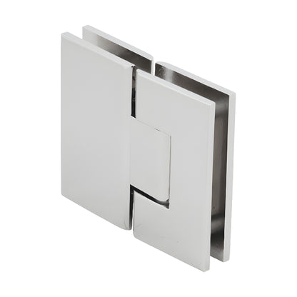 V1E580PN polished nickel square glass-to-glass shower hinge, brass, for 3/8-1/2" tempered glass, self-centering.