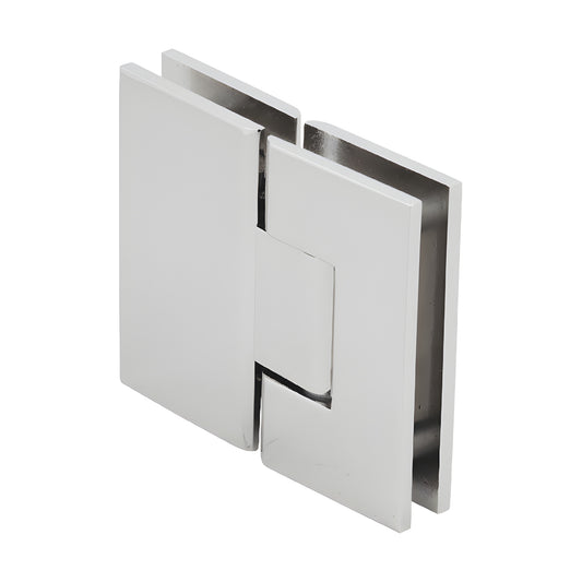V1E580PN polished nickel square glass-to-glass shower hinge, brass, for 3/8-1/2" tempered glass, self-centering.