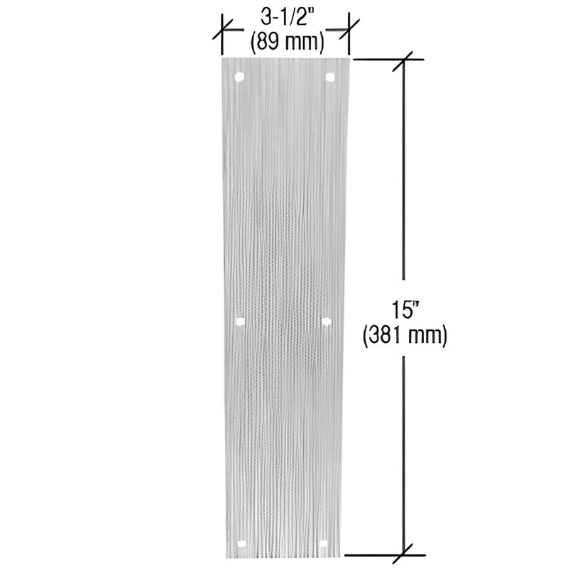 Brushed stainless steel push plate, 3-1/2" x 15", 18 gauge metal, pre-drilled with four mounting holes.
