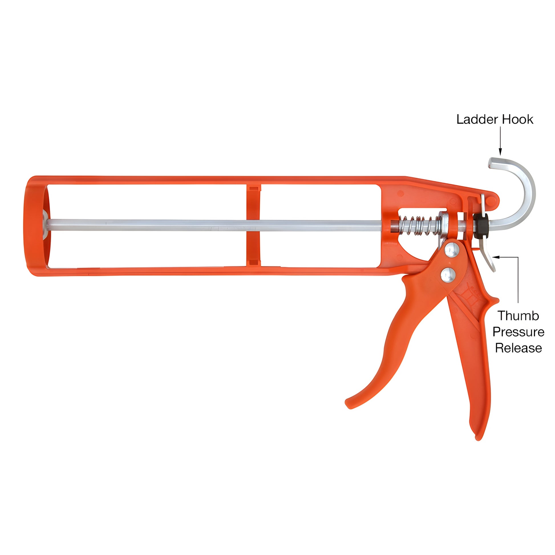 Orange nylon strap-frame caulking gun with smooth rod and pressure-release latch, lightweight - SKU GA1202