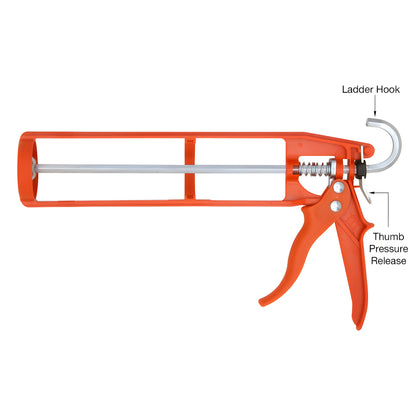 Orange nylon strap-frame caulking gun with smooth rod and pressure-release latch, lightweight - SKU GA1202