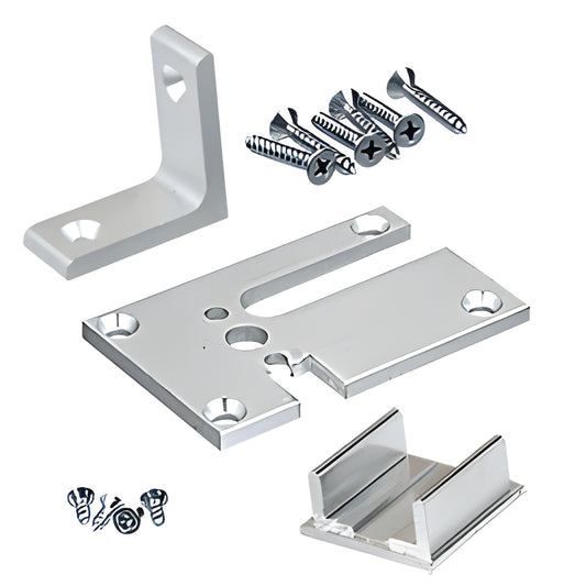 D1993ACR partition base plate kit: satin anodized aluminum base, top cap, glass channel bracket and screws