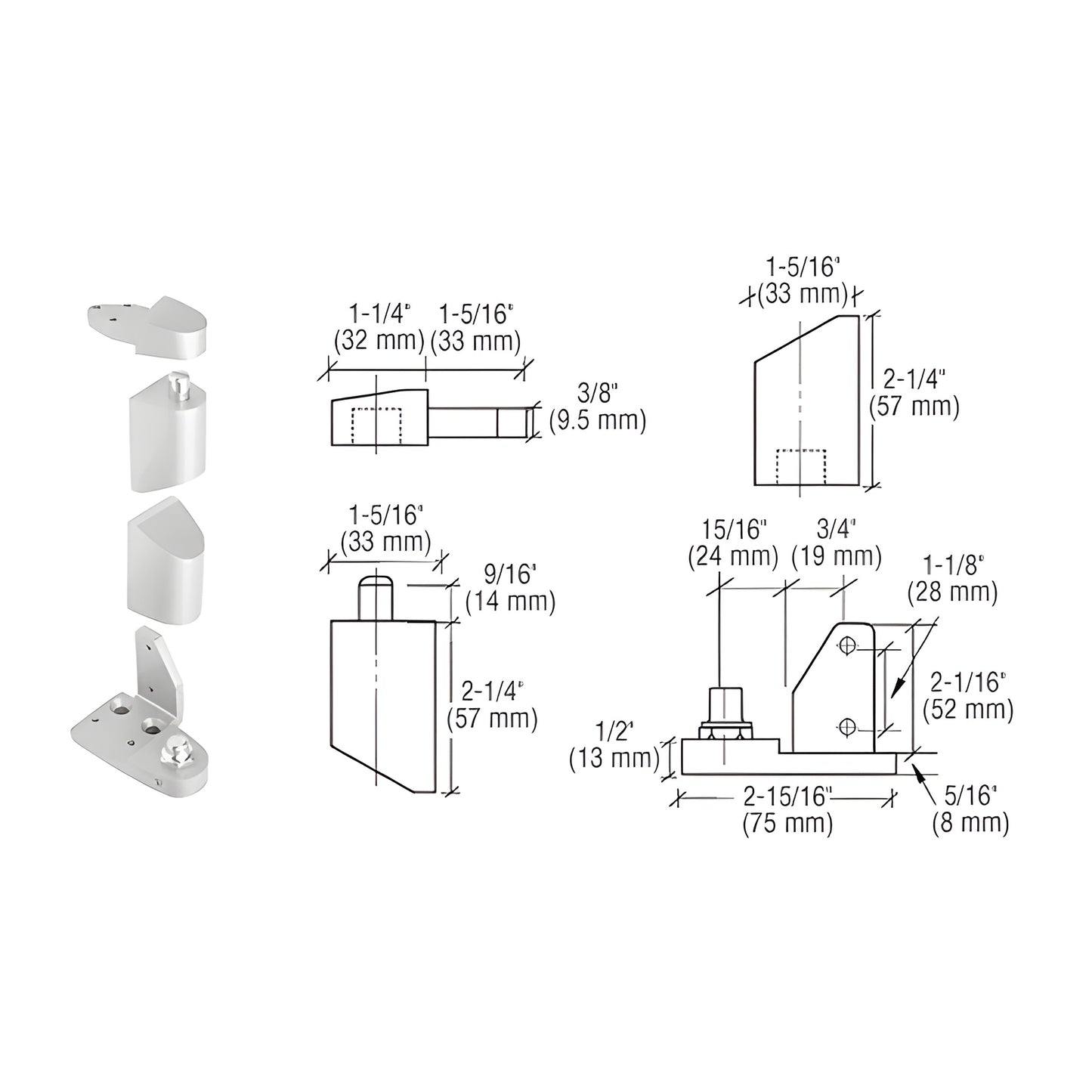CRL OP40 left-hand aluminum offset pivot set (SKU 0P40LHA), exploded parts photo with dimensional diagram.