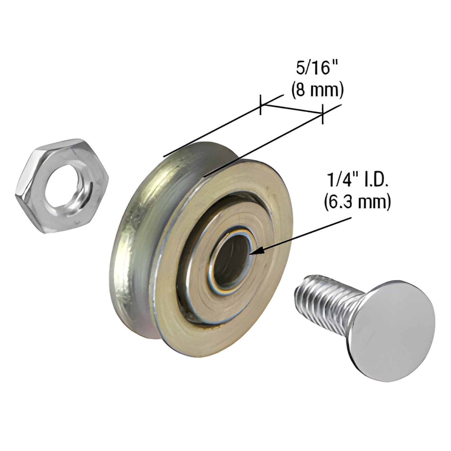D1500 steel ball-bearing concave replacement roller with 1/4" I.D., 5/16" groove width, includes carriage bolt and nut.