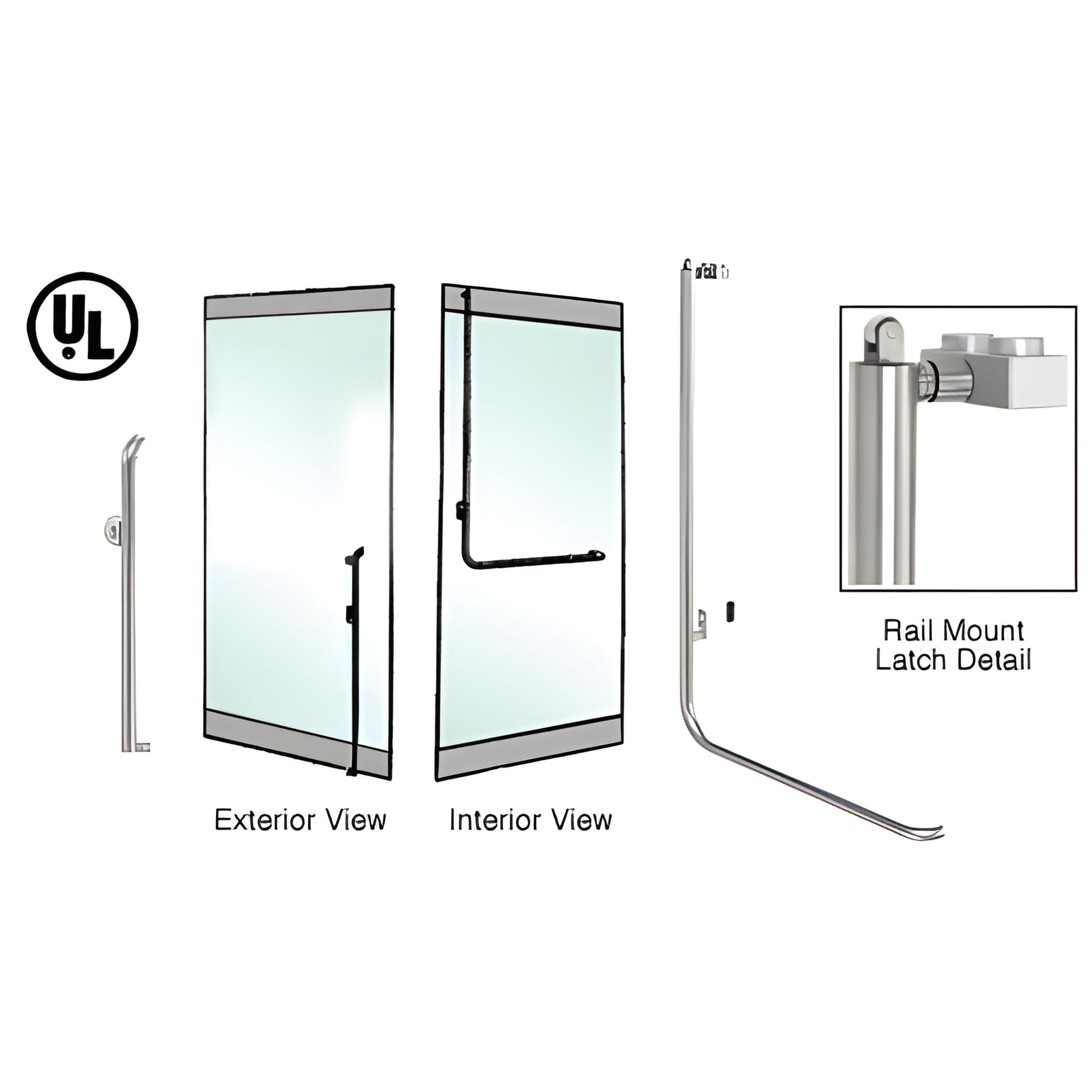 Blumcraft stainless steel rail mount glass door panic handle 3P100K4RKBS, exterior and interior views with latch detail