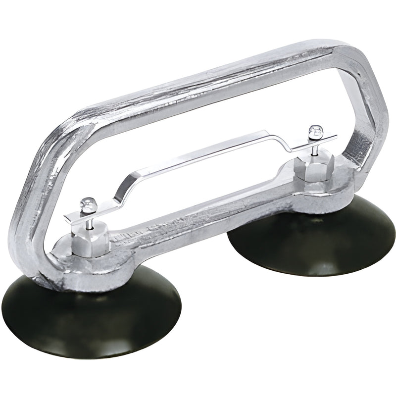 A metal-handled double cup vacuum lifter featuring two 3-inch black suction cups and a central release bar.