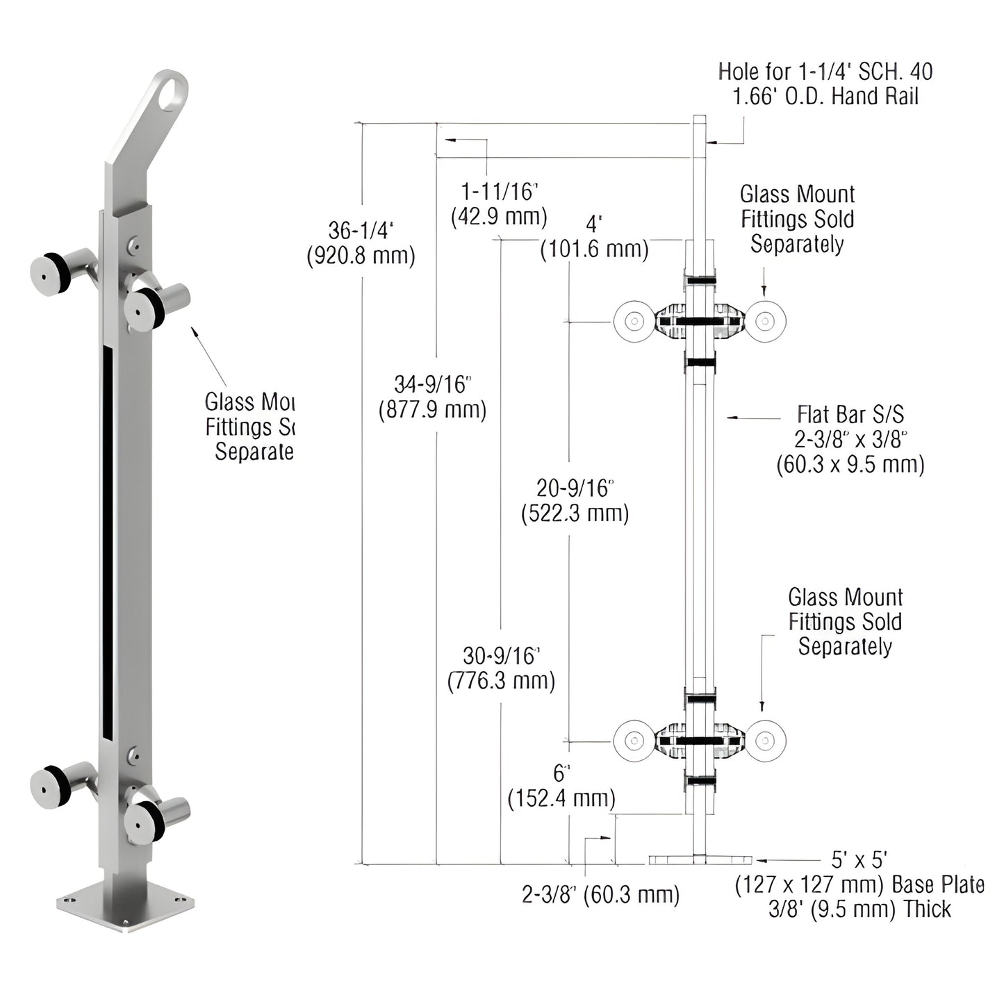 Stainless steel surface-mounted glass railing post (36 in) with 5x5 base plate; fits 1/2-1 in glass, SKU P236CPSC