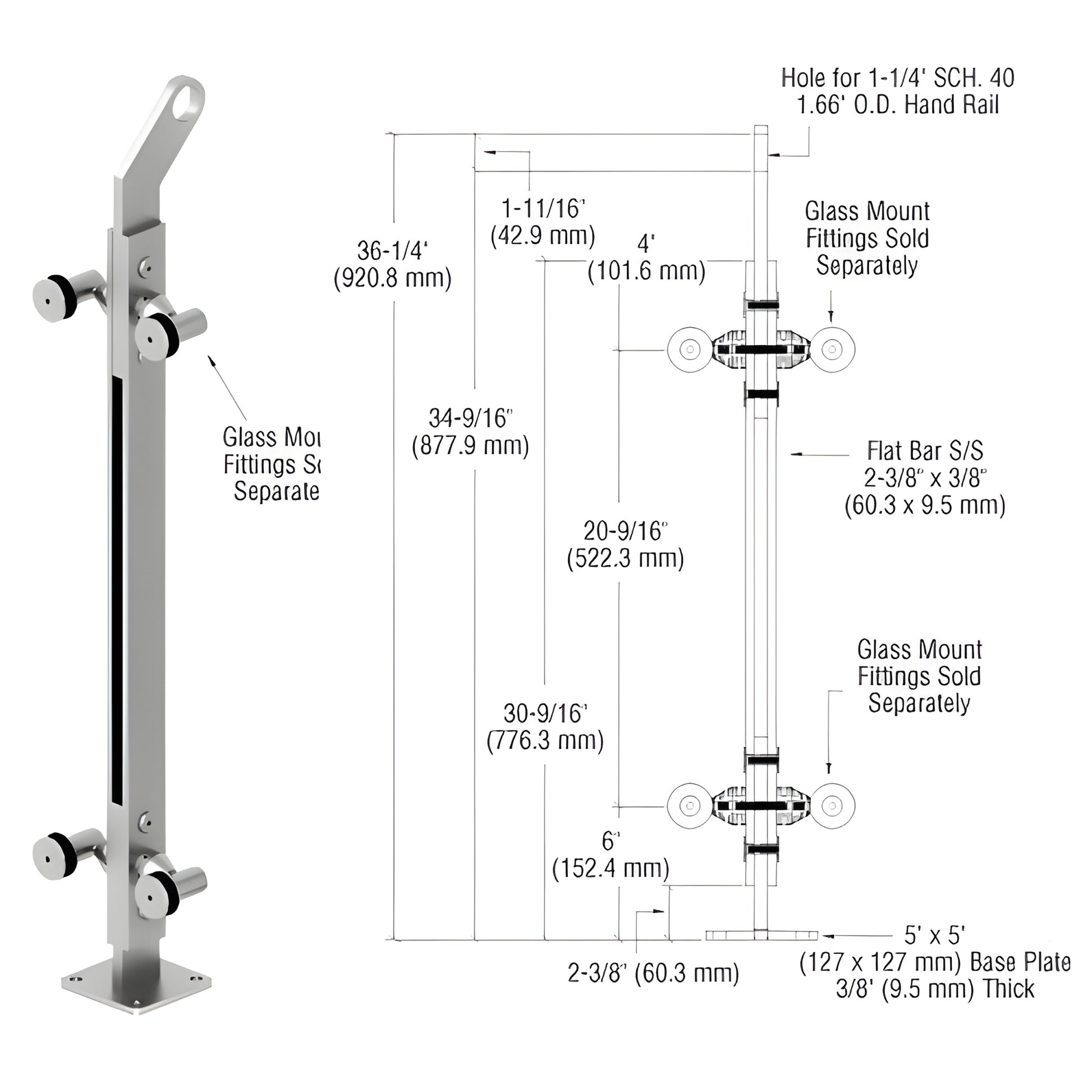 Stainless steel surface-mounted glass railing post (36 in) with 5x5 base plate; fits 1/2-1 in glass, SKU P236CPSC