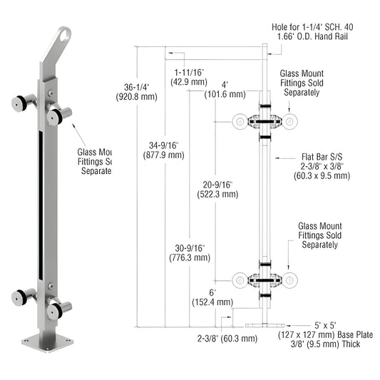 Stainless steel surface-mounted glass railing post (36 in) with 5x5 base plate; fits 1/2-1 in glass, SKU P236CPSC