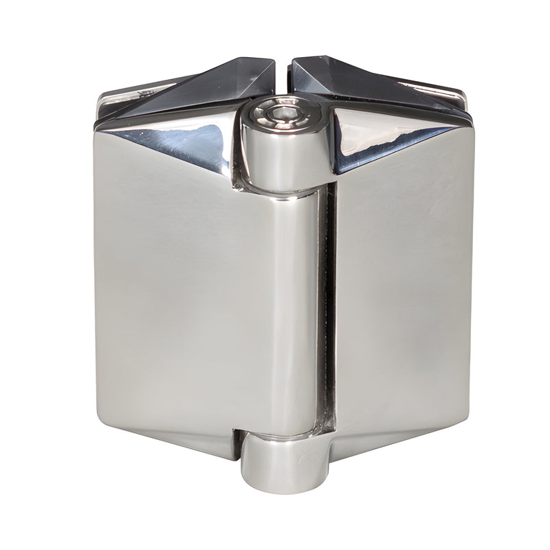 Polished stainless steel Polaris 125 soft-close frameless glass gate hinge, adjustable closing speed, SKU P0L180125PS