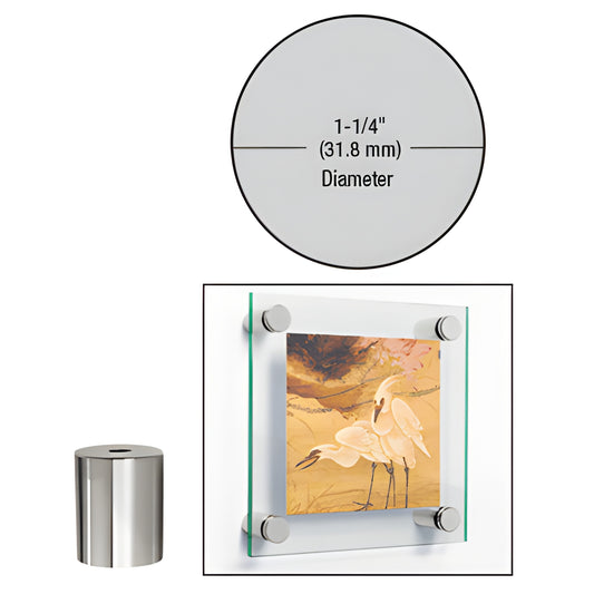 CRL 1-1/4" polished chrome brass standoff SKU S0B114112CH shown mounted on a glass panel with artwork.