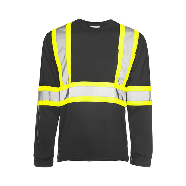 Long Sleeved Traffic T-Shirt, Cotton, Black, 4" Reflective Tape, Large