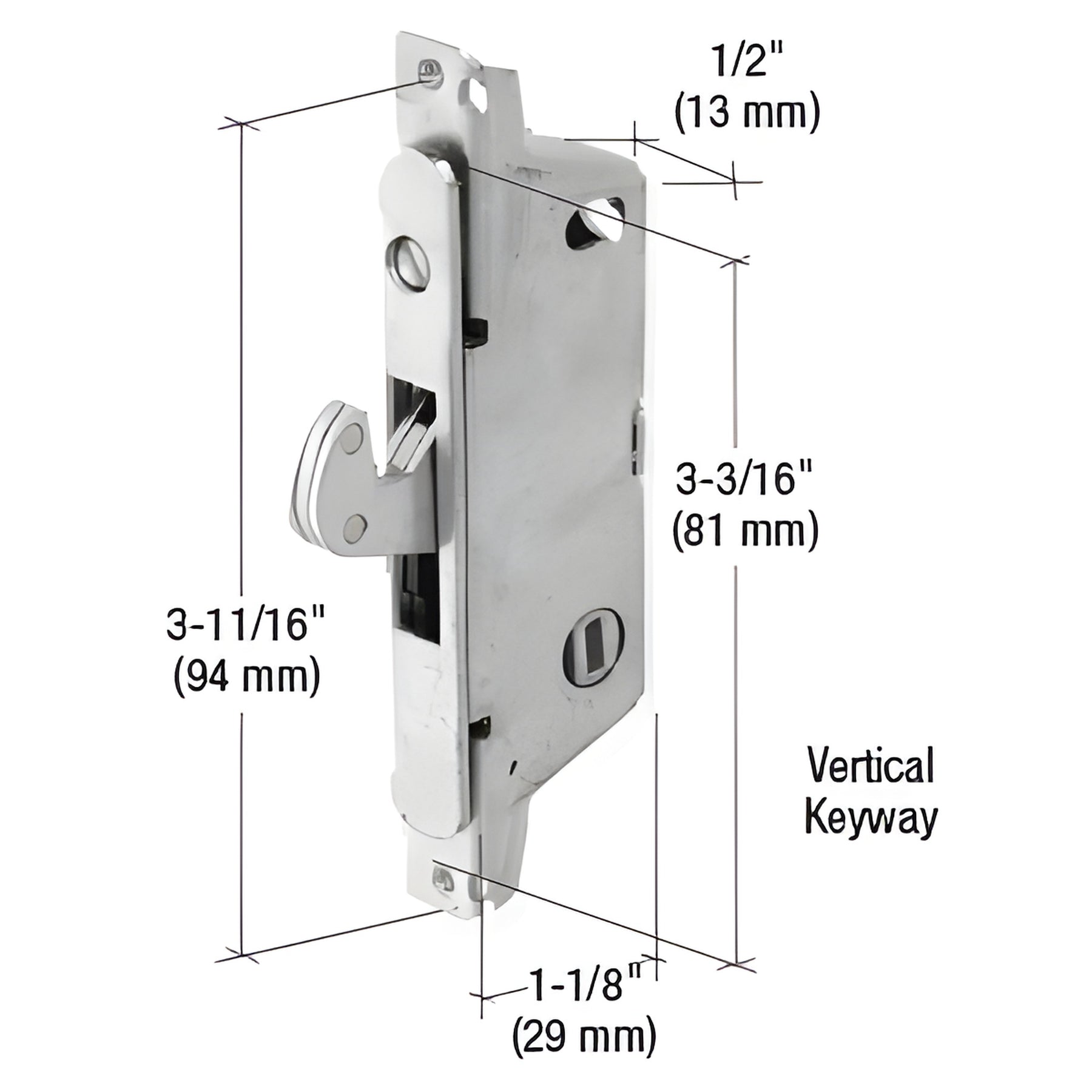 CRL 1/2" Wide Stainless Steel Round End Face Plate Mortise Lock With 3-11/16" Screw Holes for Adams Rite® Doors - Vertical Keyway