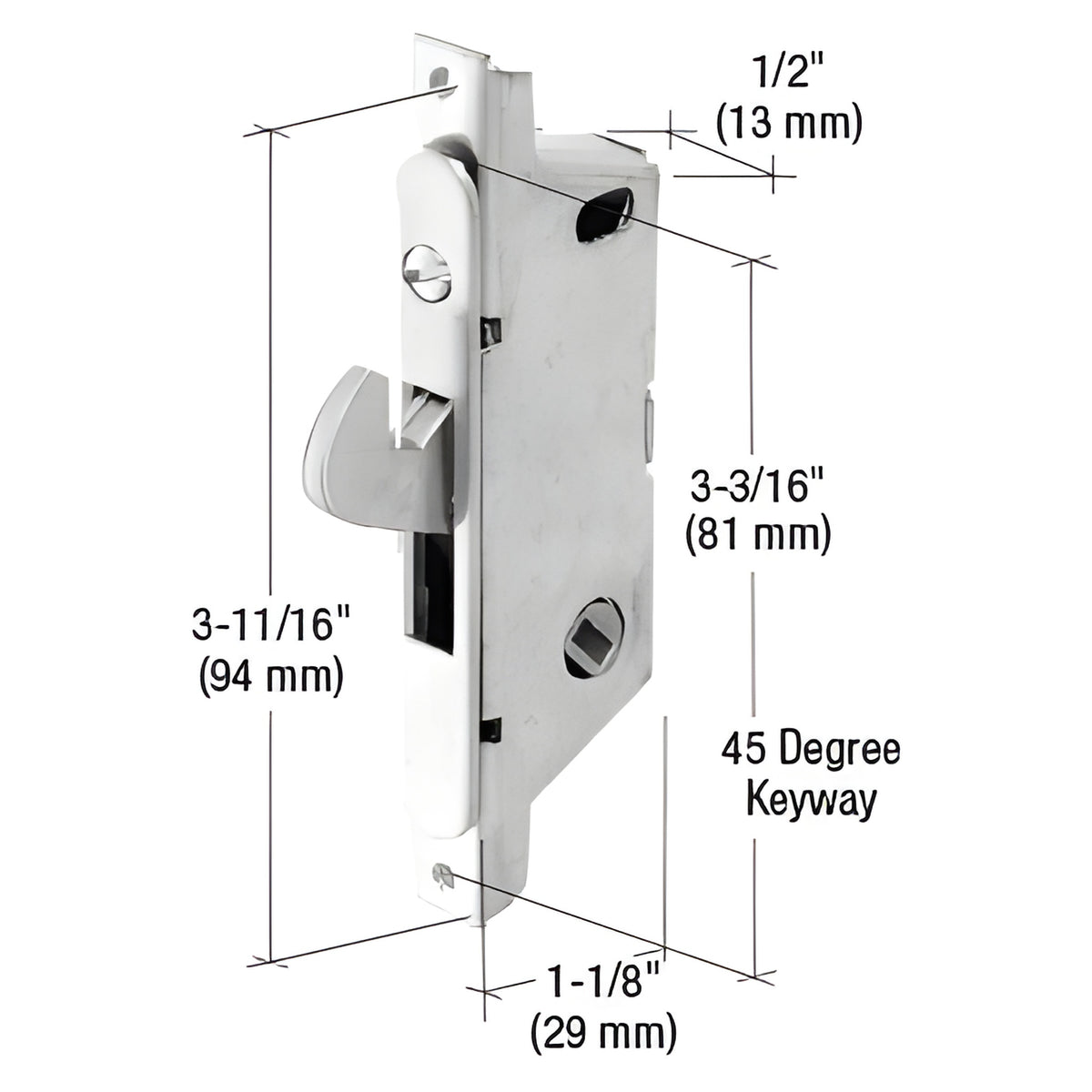 CRL 1/2" Wide Stainless Steel Round End Face Plate Mortise Lock with 3-11/16" Screw Holes for Adams Rite® Doors - 45 Degree Keyway