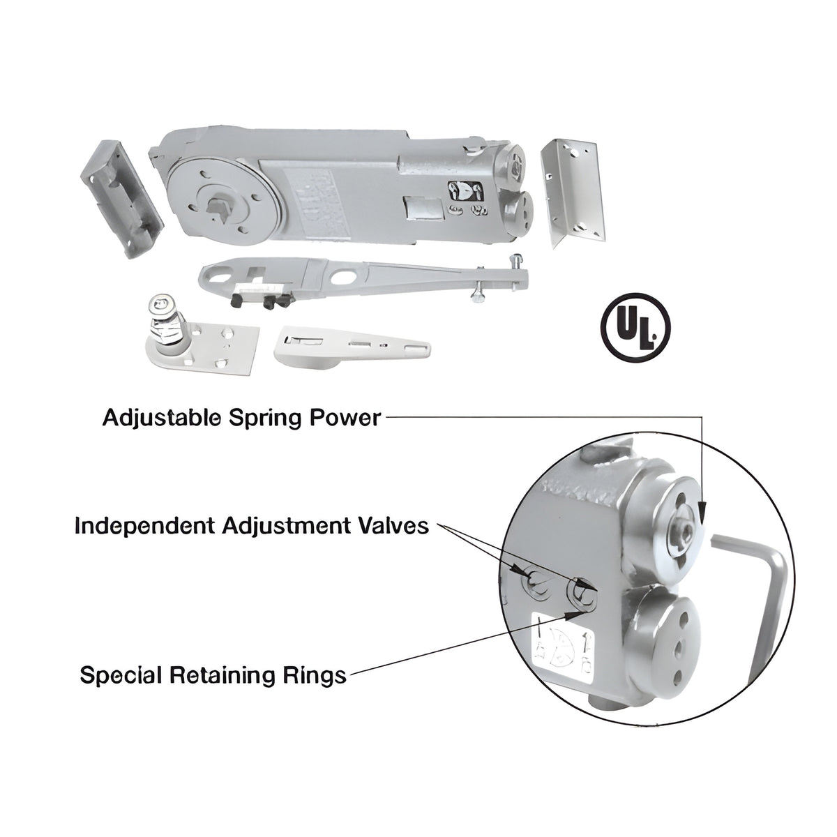 CRL 105º Hold Open Adjustable Spring Power Overhead Concealed Door Closer S-Package