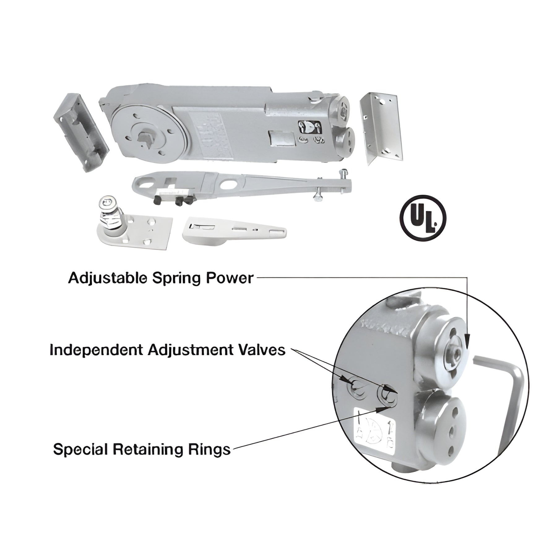 CRL 105º No Hold Open Adjustable Spring Power Overhead Concealed Door Closer S-Package