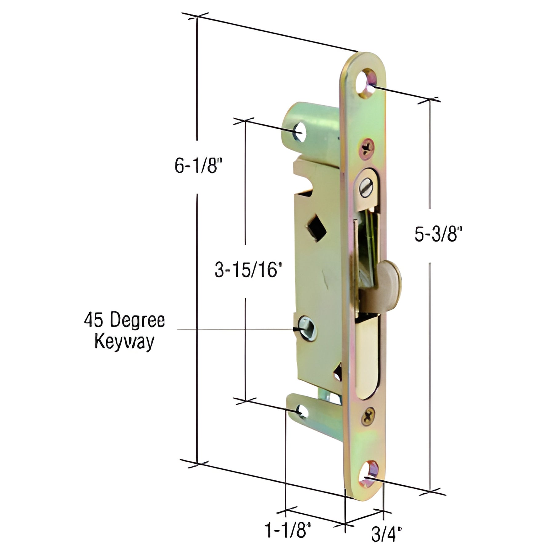 CRL 3/4" Wide Mortise Lock 5-3/8" with Screw Holes with 45 Degree Keyway