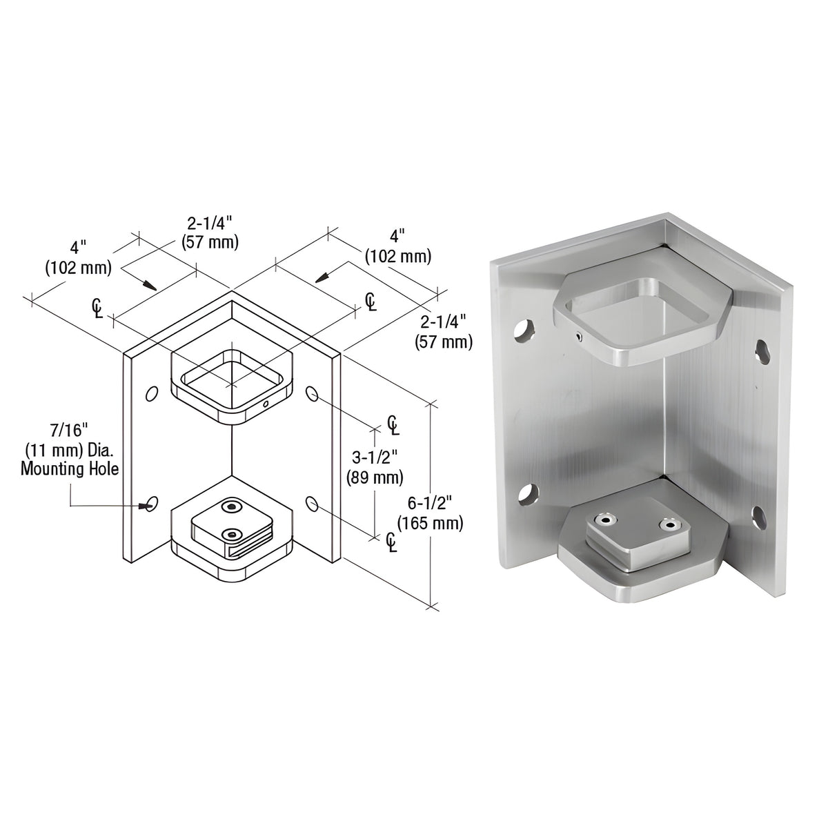 CRL 316 Brushed Stainless 2" Square Inside Corner Fascia Mount Bracket