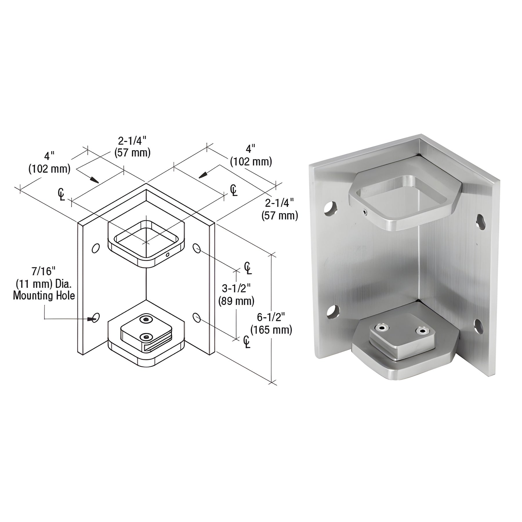 CRL 316 Brushed Stainless 2" Square Inside Corner Fascia Mount Bracket